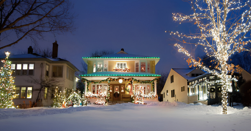Beautiful two-story home with professionally installed holiday lights in Batavia, NY during winter